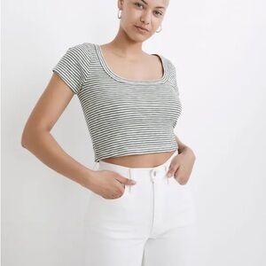Madewell Westville Crop Tee Olive Green and White Striped Top Distant Grove
